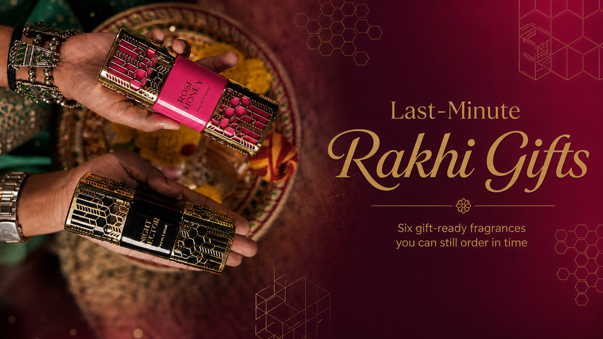 Half-wrapped perfume gift box with a rakhi thread and a clock behind it, lastminute Rakhi gift ideas from Perfumes Bae